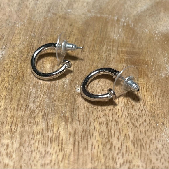 Silver Tone Half Hoop Earrings - Picture 3 of 8